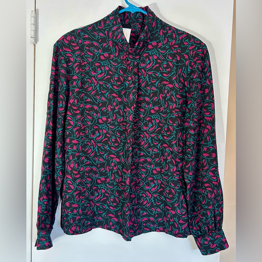 Vintage Pendleton Country Sophisticates Black Pink Floral Blouse Women’s Size 14